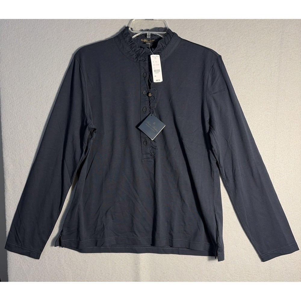 NEW Brooks Brothers womens L Henley Top blouse ruffle mock neck Navy Blue